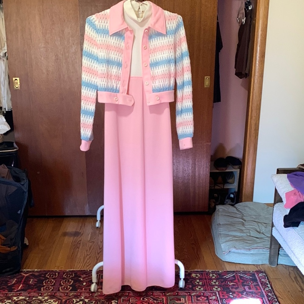 70's vintage Pink Maxi Dress with pink and blue Knit Jacket